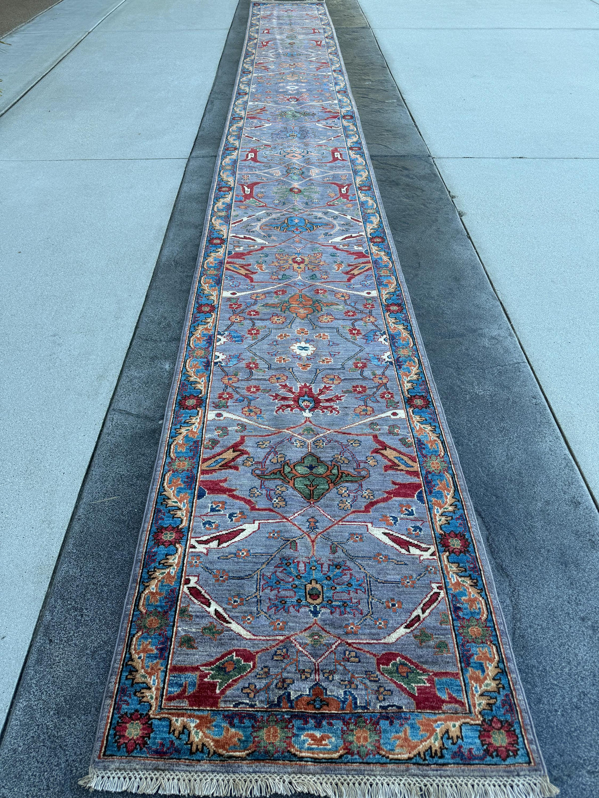 3x22 Handmade Afghan Wool Runner Rug | Blue Floral Hallway Rug | Hand-Knotted Traditional Long Runner