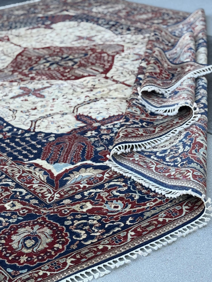 10x14 Handmade Afghan Wool Rug | Navy and Ivory Medallion Area Rug | Hand-Knotted Traditional Carpet | Formal Living Room Decor