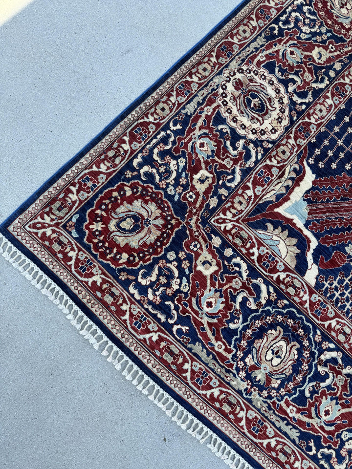 10x14 Handmade Afghan Wool Rug | Navy and Ivory Medallion Area Rug | Hand-Knotted Traditional Carpet | Formal Living Room Decor