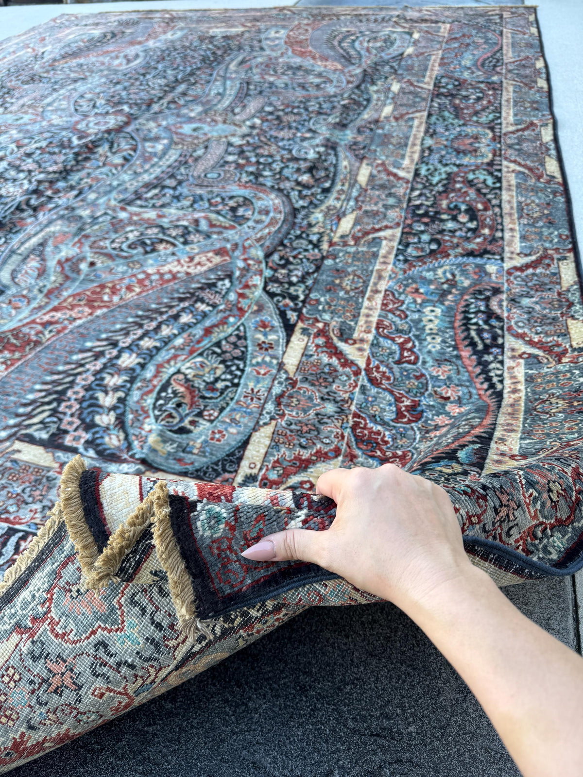 9x12 Handmade Afghan Wool Rug | Black Paisley Floral Rug | Burgundy Blue Traditional Area Rug