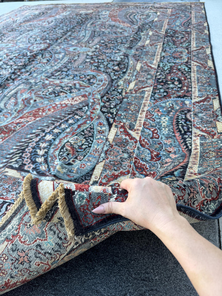 9x12 Handmade Afghan Wool Rug | Black Paisley Floral Rug | Burgundy Blue Traditional Area Rug