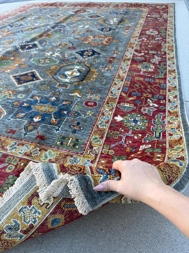 9x13 Handmade Afghan Wool Rug | Blue Red Geometric Area Rug | Hand-Knotted Traditional Afghan Rug