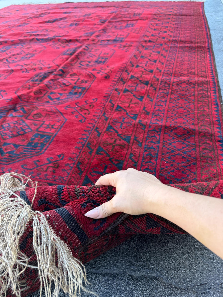 9x12 Handmade Afghan Wool Rug | Red Khal Mohammadi Rug | Traditional Tribal Geometric Area Rug