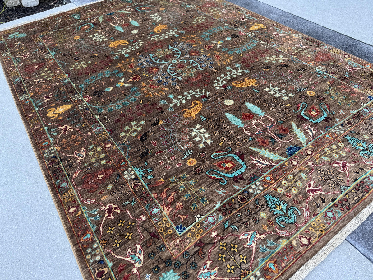 6x8 Handmade Afghan Wool Rug | Chocolate Brown Floral Garden Area Rug | Turquoise and Gold Accents | Hand-Knotted Traditional Carpet