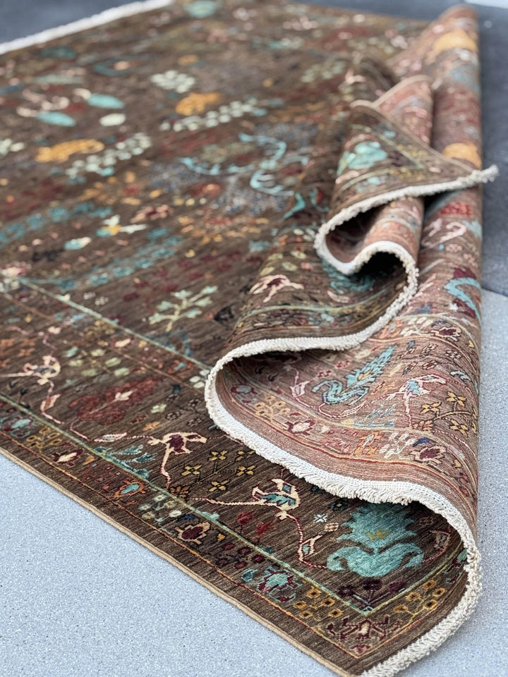 6x8 Handmade Afghan Wool Rug | Chocolate Brown Floral Garden Area Rug | Turquoise and Gold Accents | Hand-Knotted Traditional Carpet