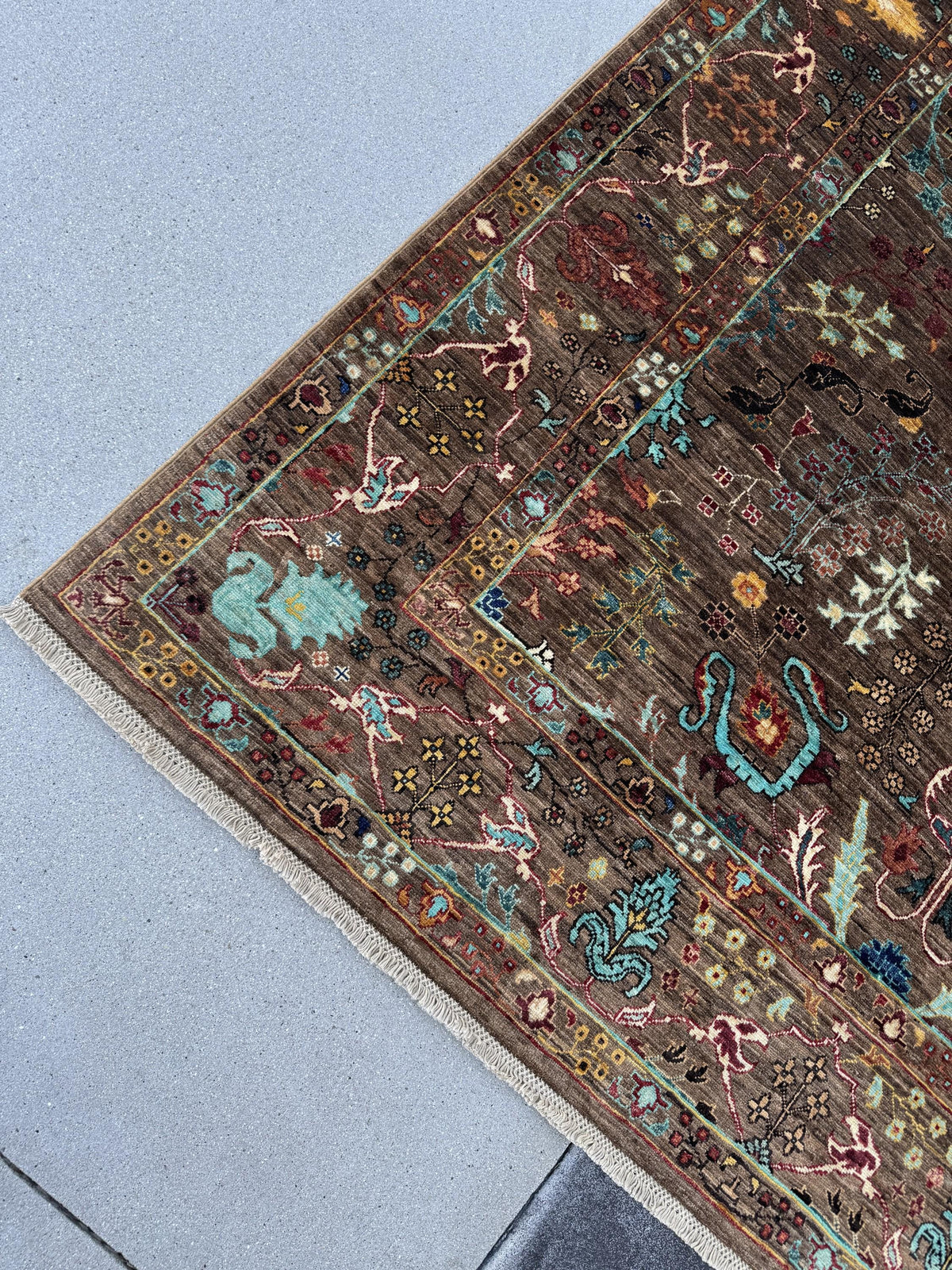 6x8 Handmade Afghan Wool Rug | Chocolate Brown Floral Garden Area Rug | Turquoise and Gold Accents | Hand-Knotted Traditional Carpet
