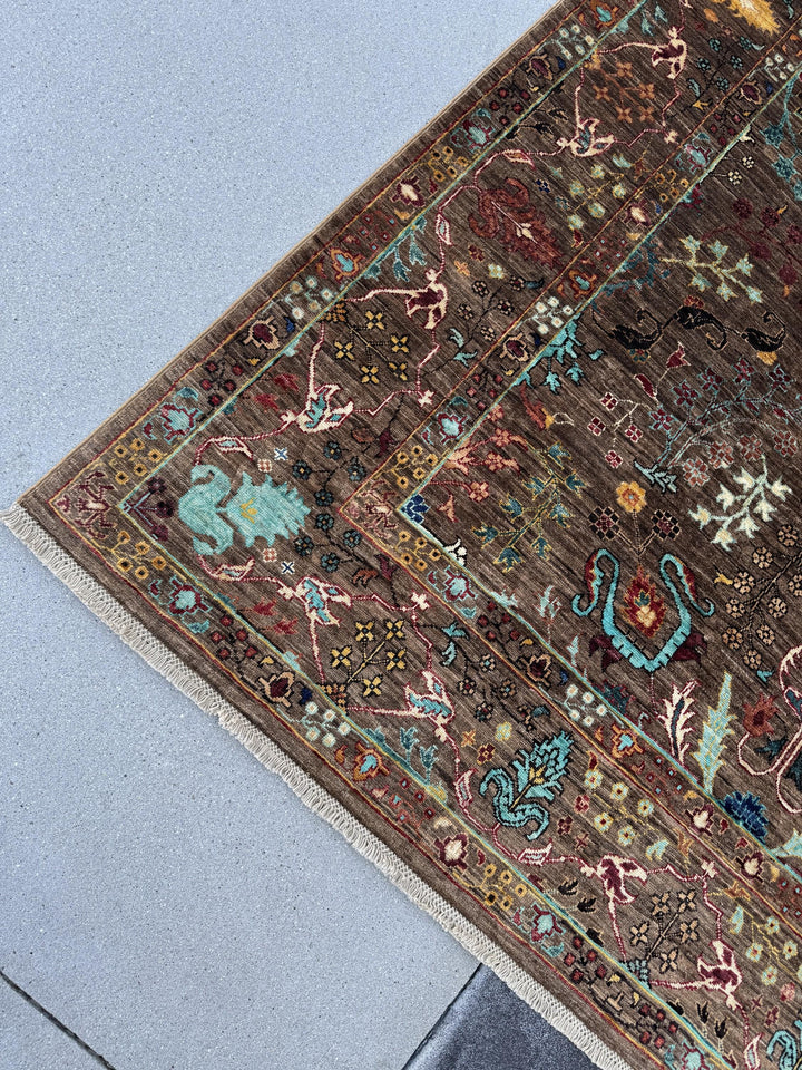 6x8 Handmade Afghan Wool Rug | Chocolate Brown Floral Garden Area Rug | Turquoise and Gold Accents | Hand-Knotted Traditional Carpet
