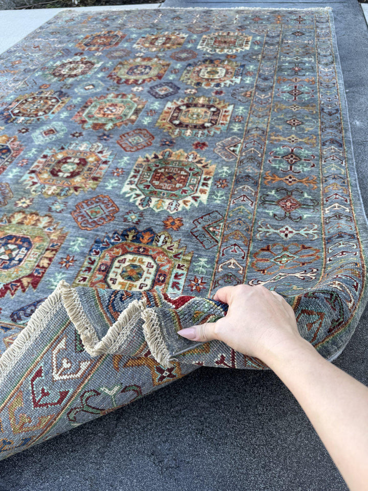 6x8 Handmade Afghan Wool Rug | Slate Blue Geometric Medallion Area Rug | Rust and Ivory Accents | Hand-Knotted Tribal Carpet