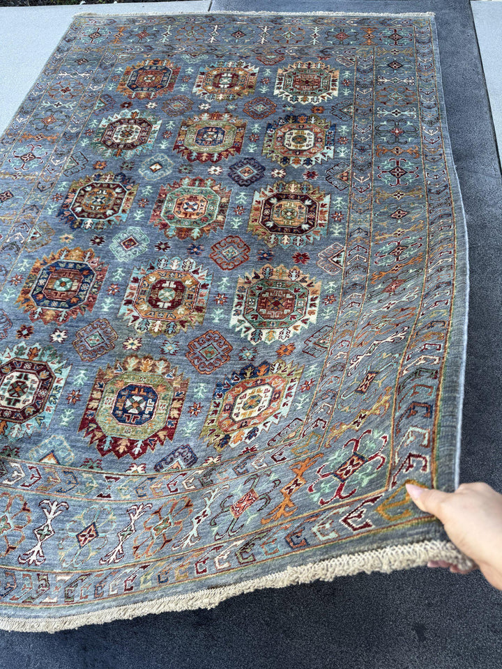 6x8 Handmade Afghan Wool Rug | Slate Blue Geometric Medallion Area Rug | Rust and Ivory Accents | Hand-Knotted Tribal Carpet
