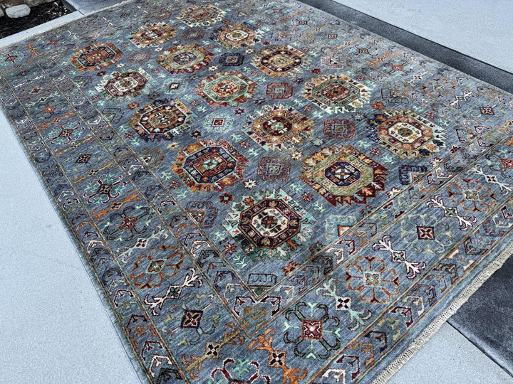 6x8 Handmade Afghan Wool Rug | Slate Blue Geometric Medallion Area Rug | Rust and Ivory Accents | Hand-Knotted Tribal Carpet