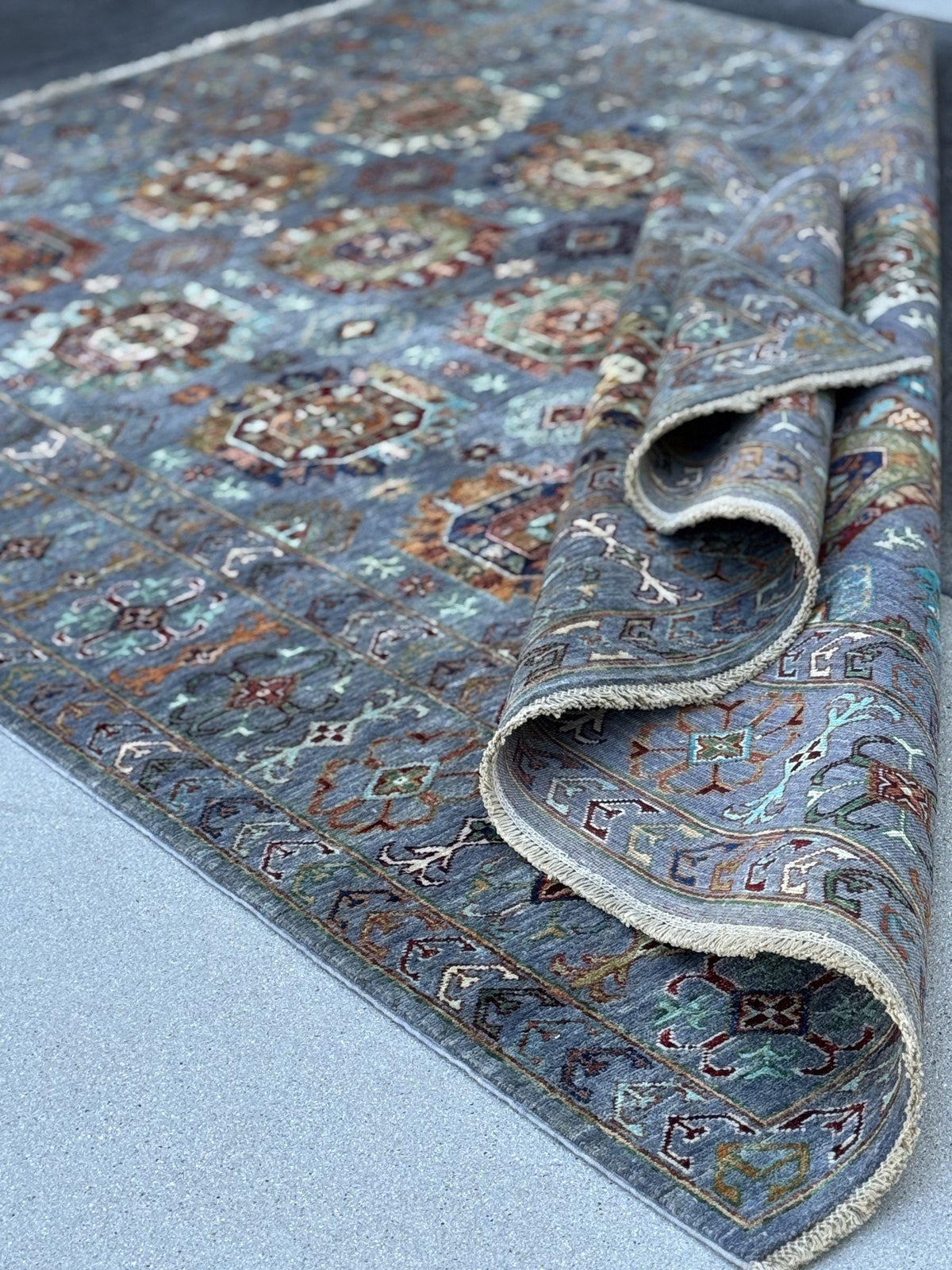 6x8 Handmade Afghan Wool Rug | Slate Blue Geometric Medallion Area Rug | Rust and Ivory Accents | Hand-Knotted Tribal Carpet