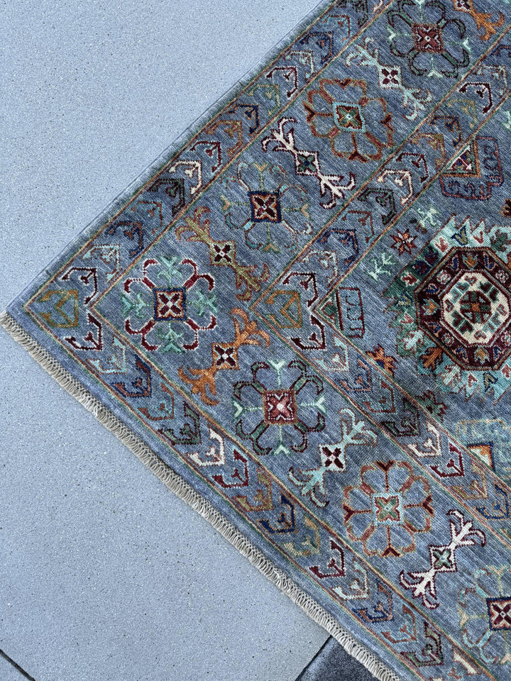 6x8 Handmade Afghan Wool Rug | Slate Blue Geometric Medallion Area Rug | Rust and Ivory Accents | Hand-Knotted Tribal Carpet