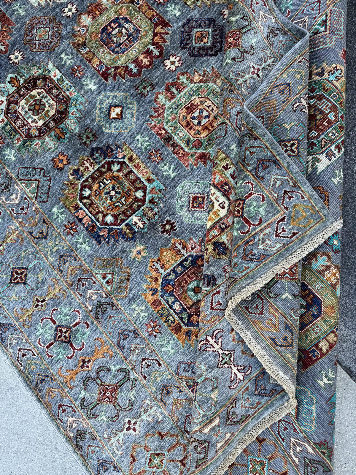 6x8 Handmade Afghan Wool Rug | Slate Blue Geometric Medallion Area Rug | Rust and Ivory Accents | Hand-Knotted Tribal Carpet