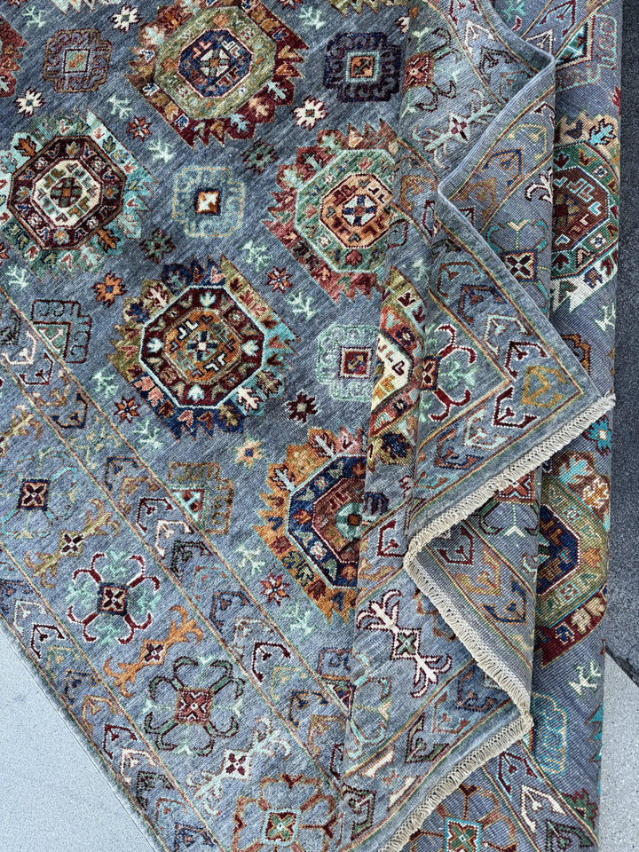6x8 Handmade Afghan Wool Rug | Slate Blue Geometric Medallion Area Rug | Rust and Ivory Accents | Hand-Knotted Tribal Carpet
