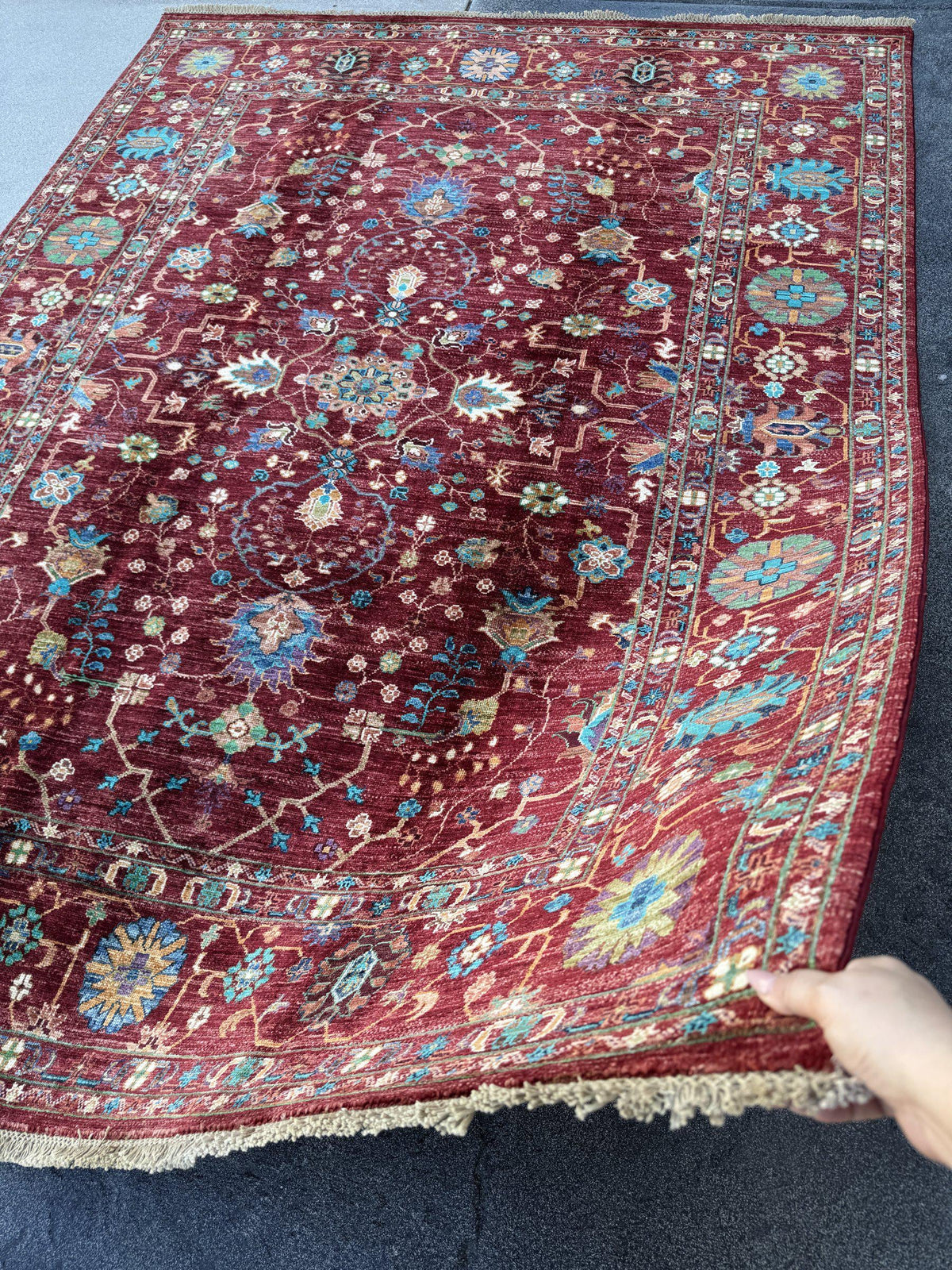 6x8 Handmade Afghan Wool Rug | Crimson Red Floral Area Rug | Turquoise and Ivory Accents | Hand-Knotted Traditional Carpet