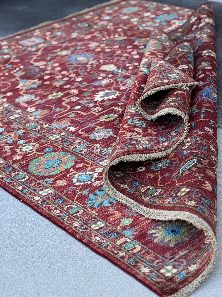 6x8 Handmade Afghan Wool Rug | Crimson Red Floral Area Rug | Turquoise and Ivory Accents | Hand-Knotted Traditional Carpet