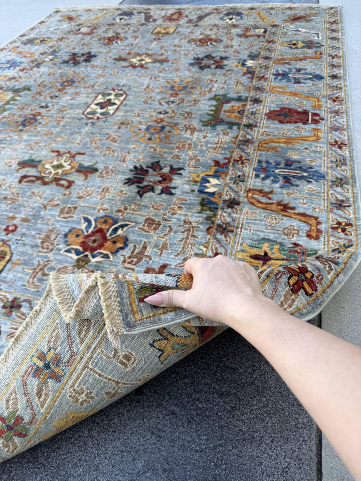 6x8 Handmade Afghan Wool Rug | Light Blue and Ivory Tribal Floral Area Rug | Red and Gold Accents | Hand-Knotted Carpet