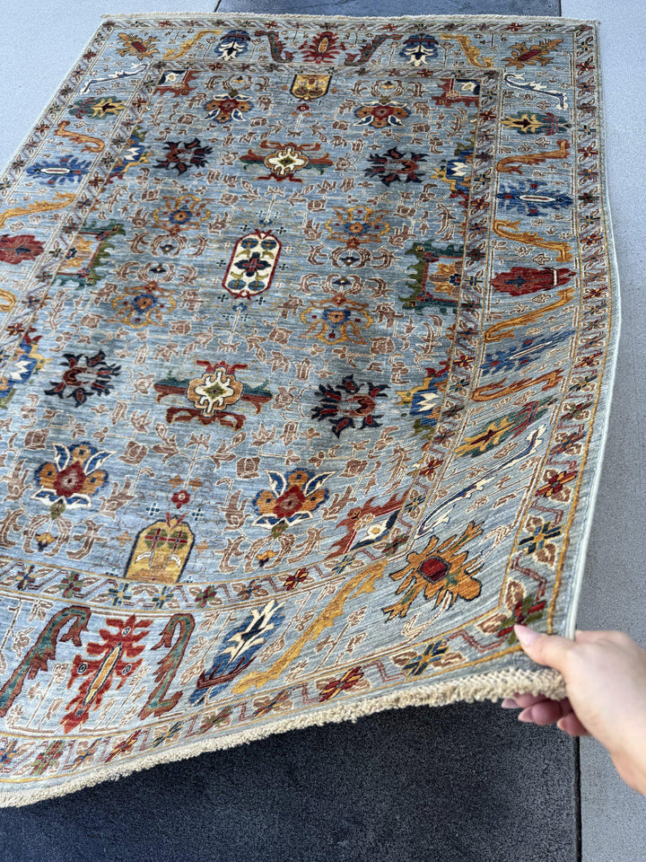 6x8 Handmade Afghan Wool Rug | Light Blue and Ivory Tribal Floral Area Rug | Red and Gold Accents | Hand-Knotted Carpet