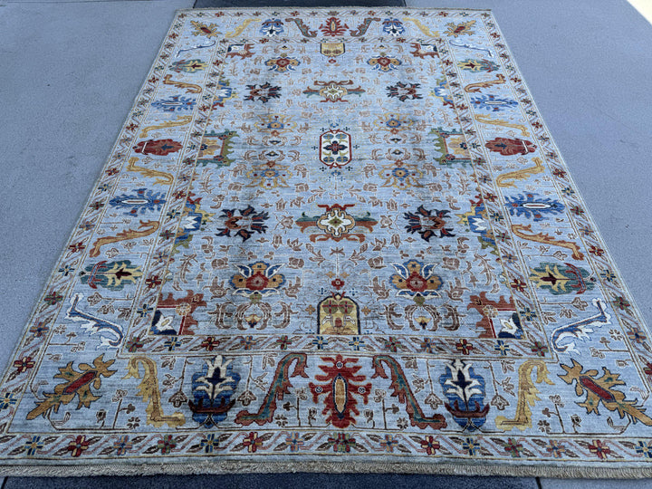 6x8 Handmade Afghan Wool Rug | Light Blue and Ivory Tribal Floral Area Rug | Red and Gold Accents | Hand-Knotted Carpet