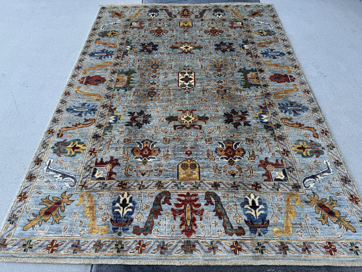 6x8 Handmade Afghan Wool Rug | Light Blue and Ivory Tribal Floral Area Rug | Red and Gold Accents | Hand-Knotted Carpet