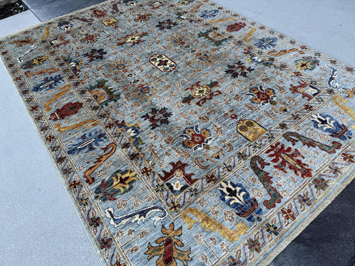 6x8 Handmade Afghan Wool Rug | Light Blue and Ivory Tribal Floral Area Rug | Red and Gold Accents | Hand-Knotted Carpet