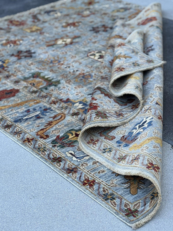 6x8 Handmade Afghan Wool Rug | Light Blue and Ivory Tribal Floral Area Rug | Red and Gold Accents | Hand-Knotted Carpet