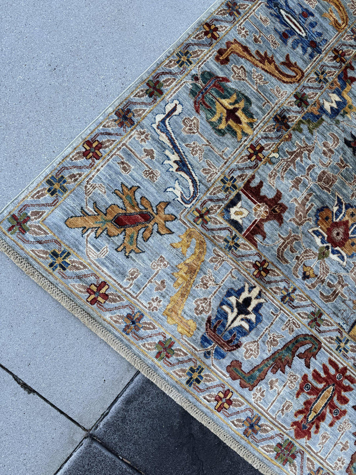 6x8 Handmade Afghan Wool Rug | Light Blue and Ivory Tribal Floral Area Rug | Red and Gold Accents | Hand-Knotted Carpet
