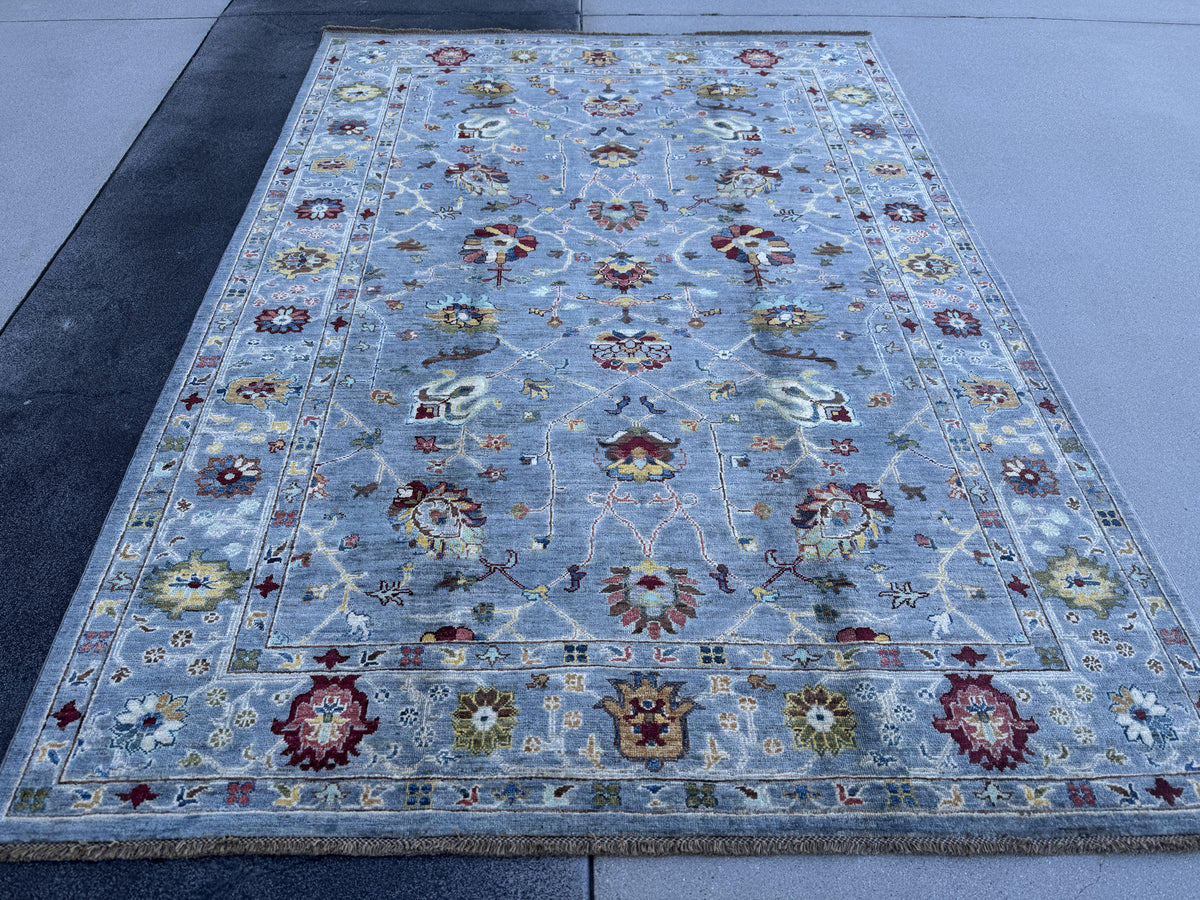 6x8 Handmade Afghan Wool Rug | Steel Blue Floral Oushak Style Area Rug | Burgundy and Gold Accents | Hand-Knotted Carpet