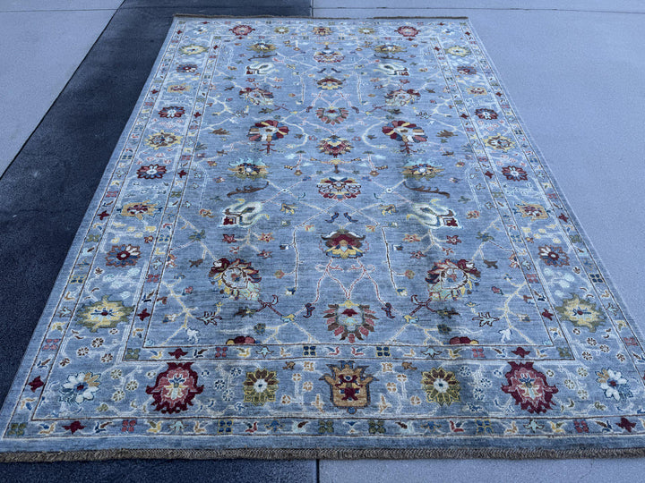 6x8 Handmade Afghan Wool Rug | Steel Blue Floral Oushak Style Area Rug | Burgundy and Gold Accents | Hand-Knotted Carpet