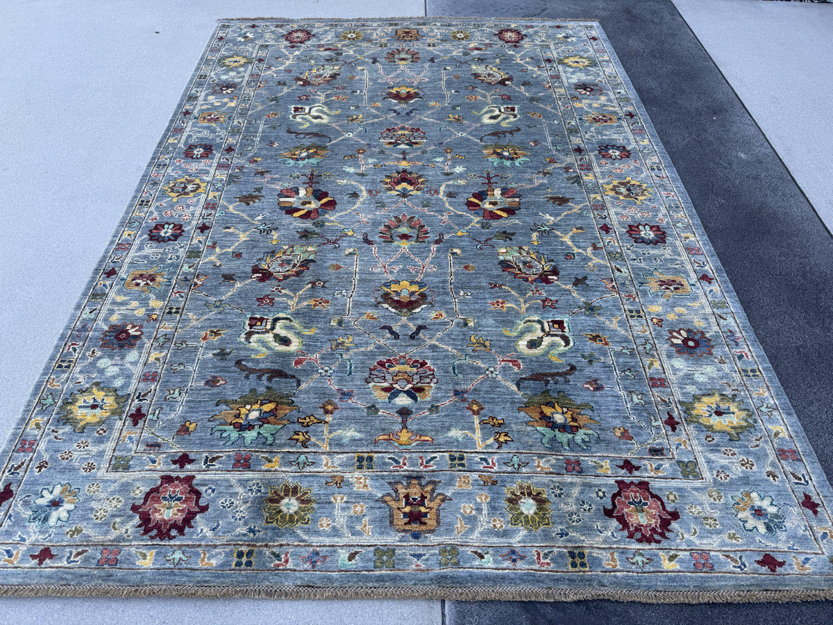 6x8 Handmade Afghan Wool Rug | Steel Blue Floral Oushak Style Area Rug | Burgundy and Gold Accents | Hand-Knotted Carpet