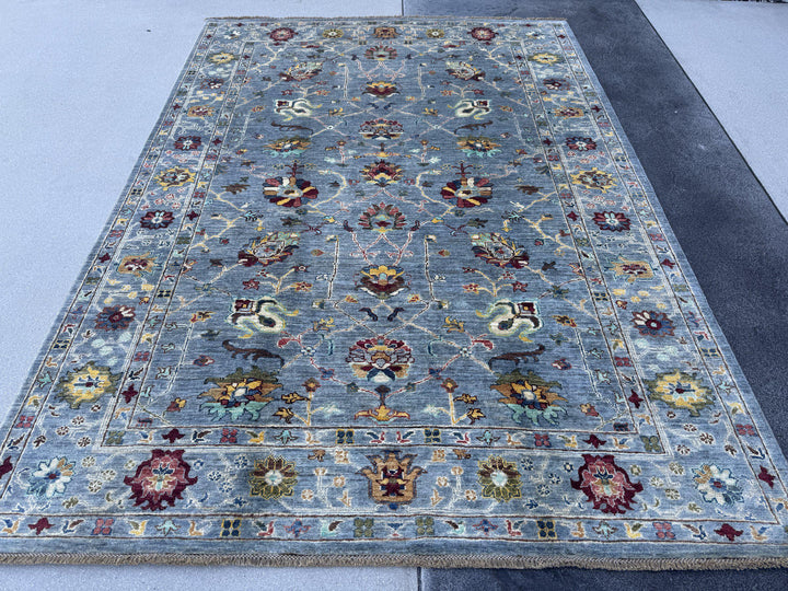 6x8 Handmade Afghan Wool Rug | Steel Blue Floral Oushak Style Area Rug | Burgundy and Gold Accents | Hand-Knotted Carpet
