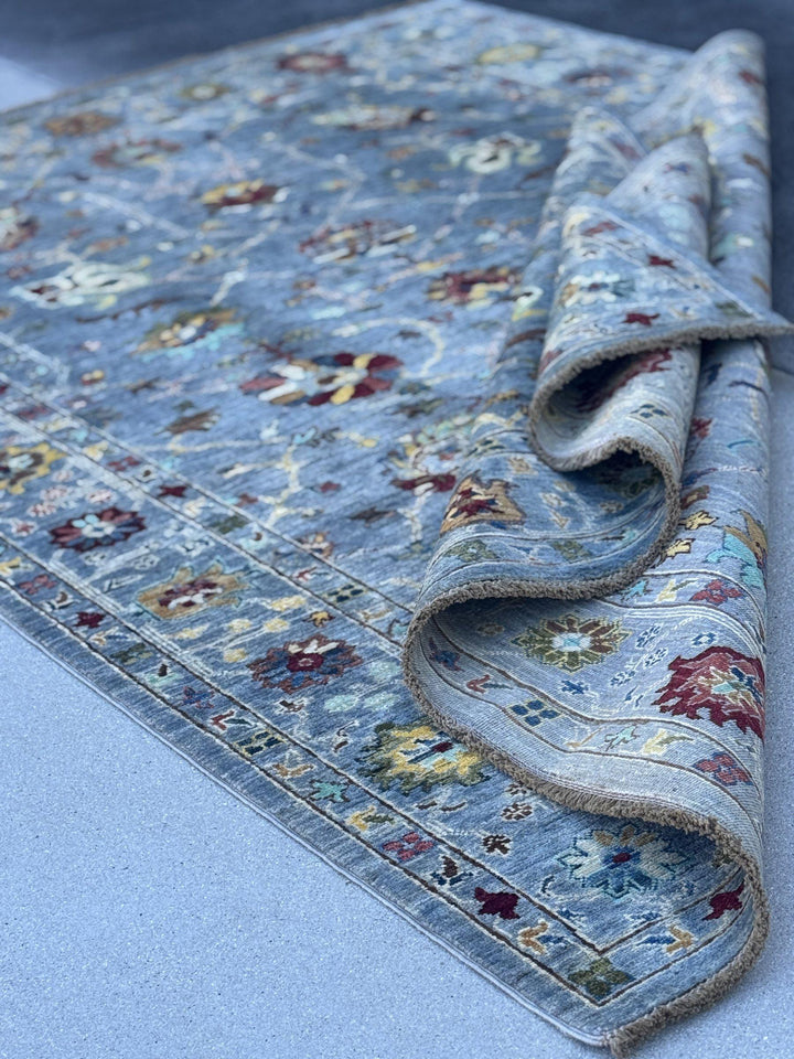 6x8 Handmade Afghan Wool Rug | Steel Blue Floral Oushak Style Area Rug | Burgundy and Gold Accents | Hand-Knotted Carpet