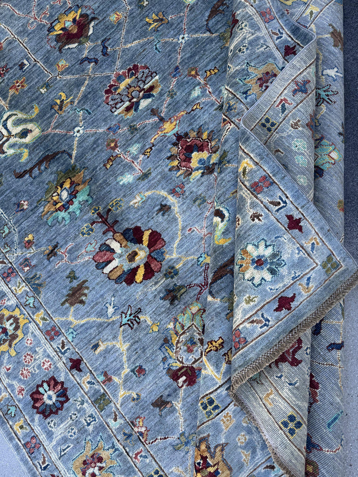 6x8 Handmade Afghan Wool Rug | Steel Blue Floral Oushak Style Area Rug | Burgundy and Gold Accents | Hand-Knotted Carpet