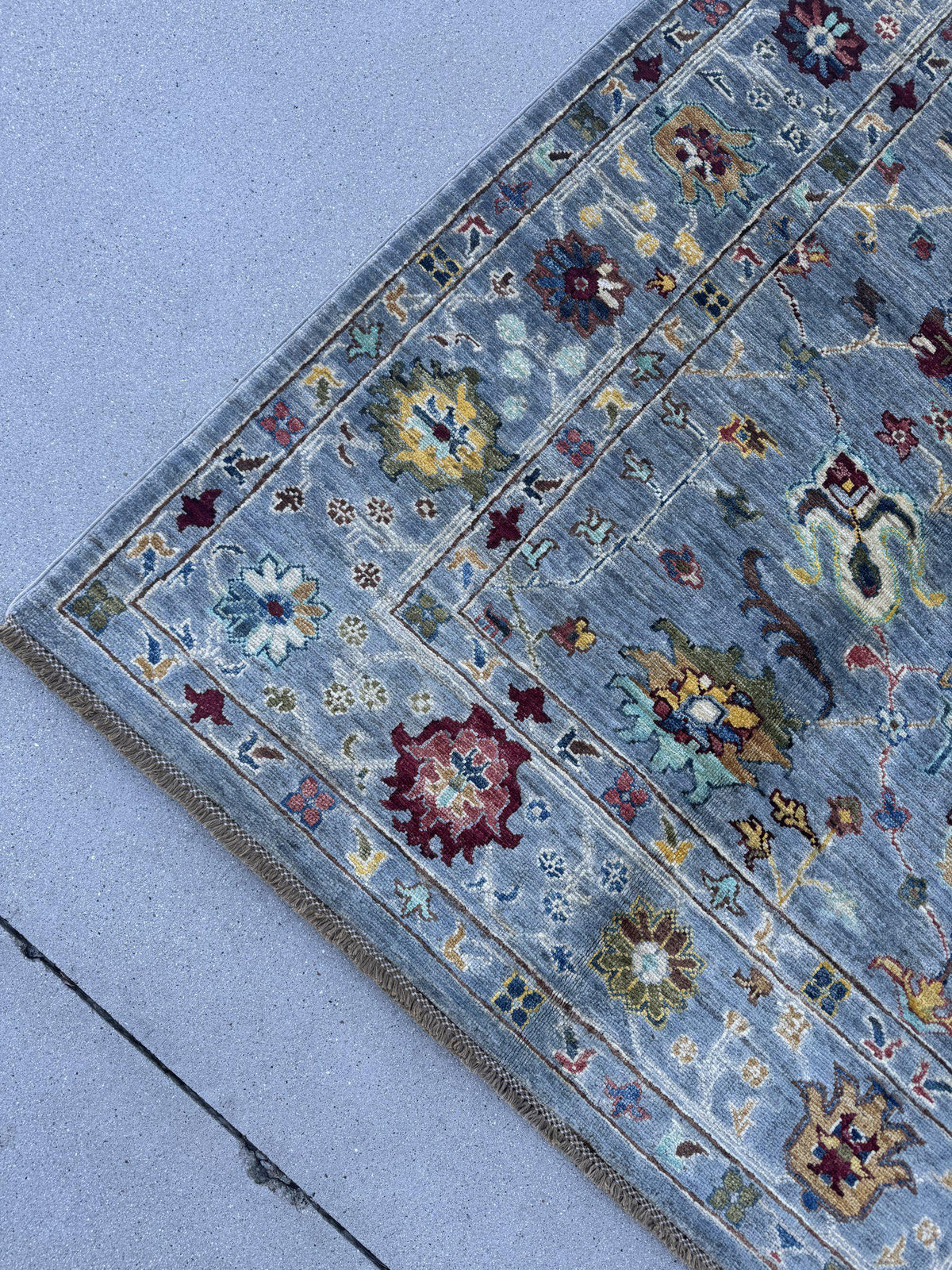 6x8 Handmade Afghan Wool Rug | Steel Blue Floral Oushak Style Area Rug | Burgundy and Gold Accents | Hand-Knotted Carpet