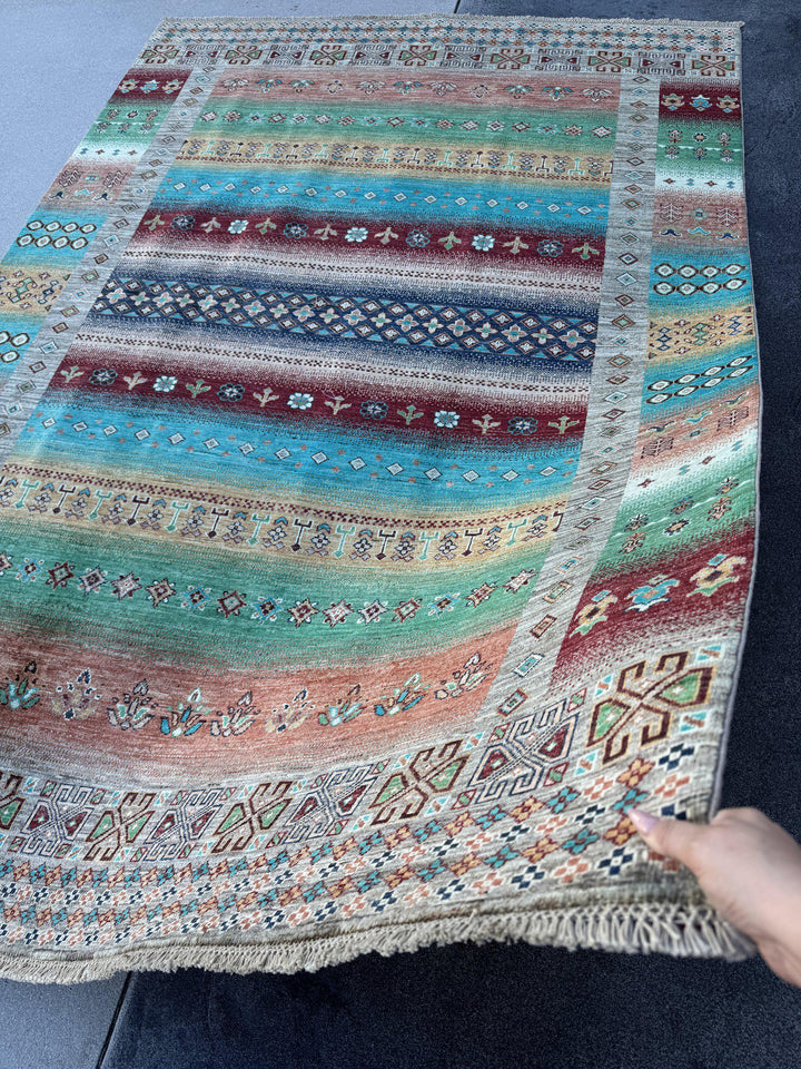 6x9 Handmade Afghan Wool Rug | Turquoise and Coral Striped Tribal Area Rug | Colorful Boho Hand-Knotted Carpet