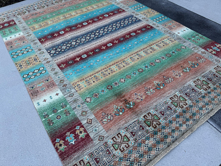 6x9 Handmade Afghan Wool Rug | Turquoise and Coral Striped Tribal Area Rug | Colorful Boho Hand-Knotted Carpet