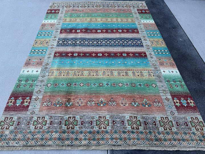 6x9 Handmade Afghan Wool Rug | Turquoise and Coral Striped Tribal Area Rug | Colorful Boho Hand-Knotted Carpet