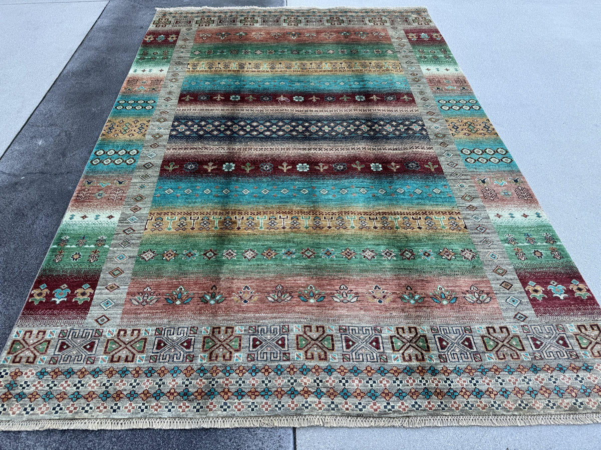 6x9 Handmade Afghan Wool Rug | Turquoise and Coral Striped Tribal Area Rug | Colorful Boho Hand-Knotted Carpet