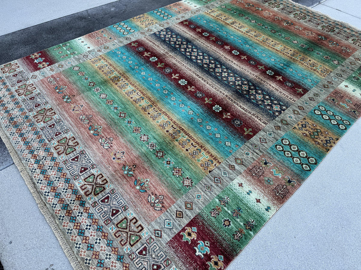 6x9 Handmade Afghan Wool Rug | Turquoise and Coral Striped Tribal Area Rug | Colorful Boho Hand-Knotted Carpet