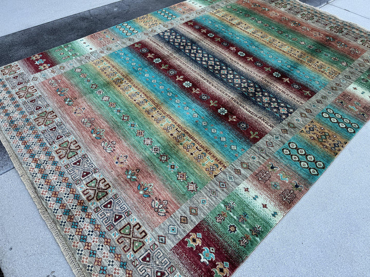 6x9 Handmade Afghan Wool Rug | Turquoise and Coral Striped Tribal Area Rug | Colorful Boho Hand-Knotted Carpet