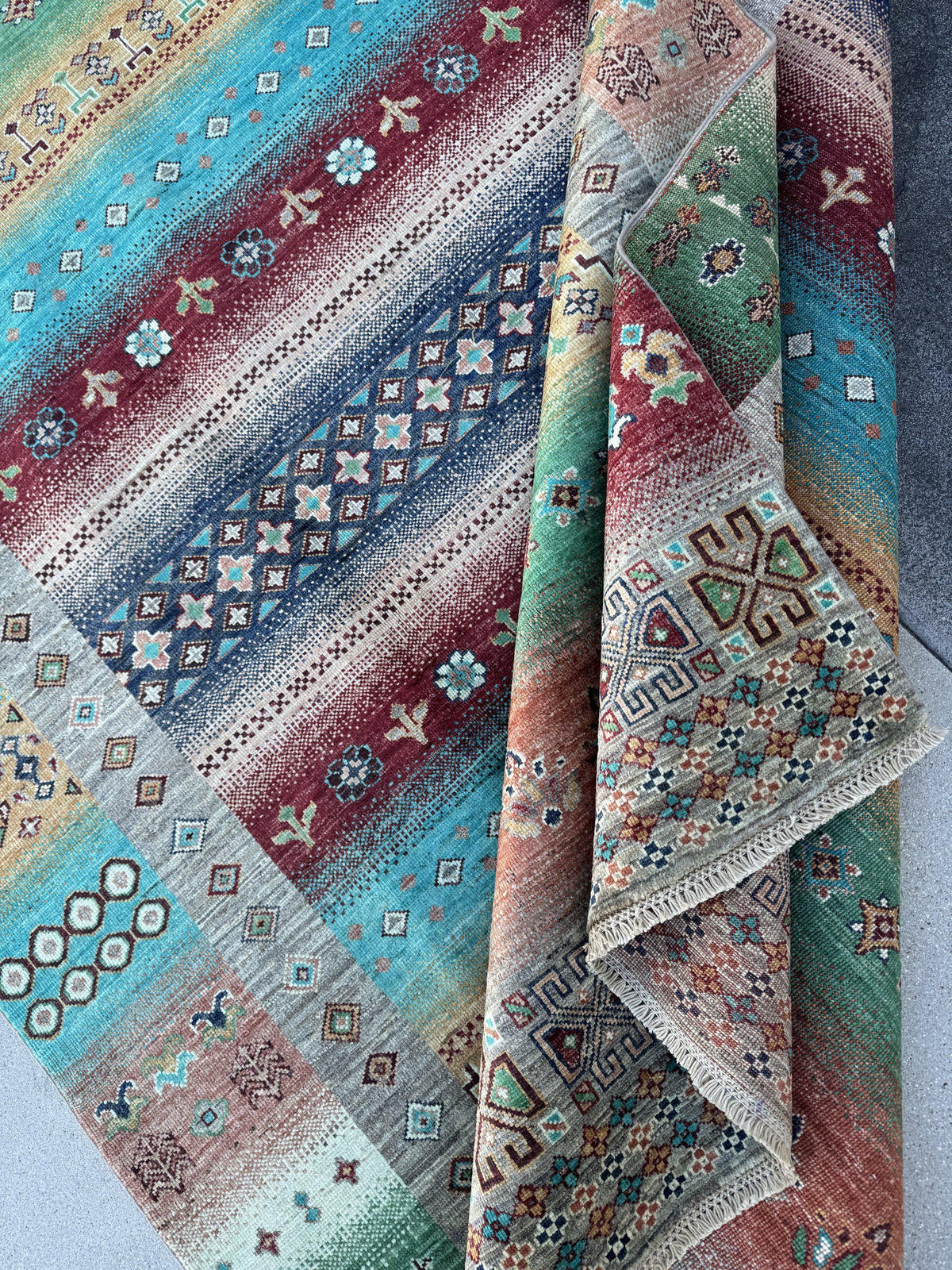 6x9 Handmade Afghan Wool Rug | Turquoise and Coral Striped Tribal Area Rug | Colorful Boho Hand-Knotted Carpet