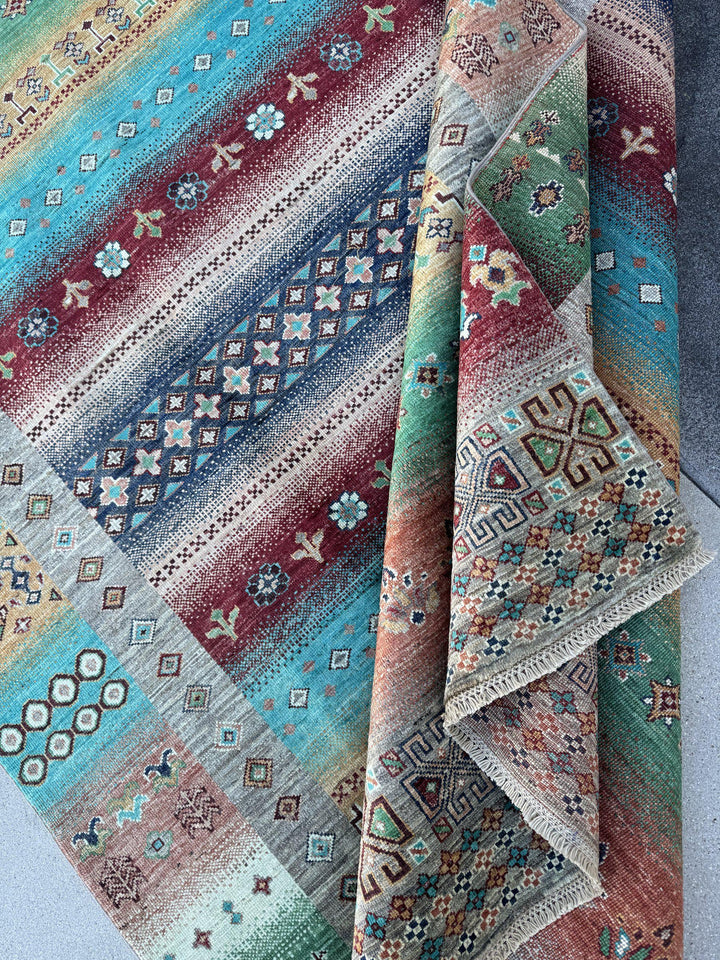 6x9 Handmade Afghan Wool Rug | Turquoise and Coral Striped Tribal Area Rug | Colorful Boho Hand-Knotted Carpet