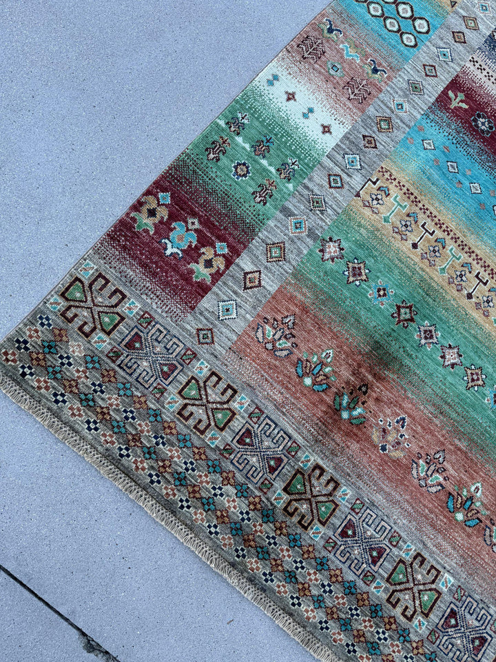 6x9 Handmade Afghan Wool Rug | Turquoise and Coral Striped Tribal Area Rug | Colorful Boho Hand-Knotted Carpet