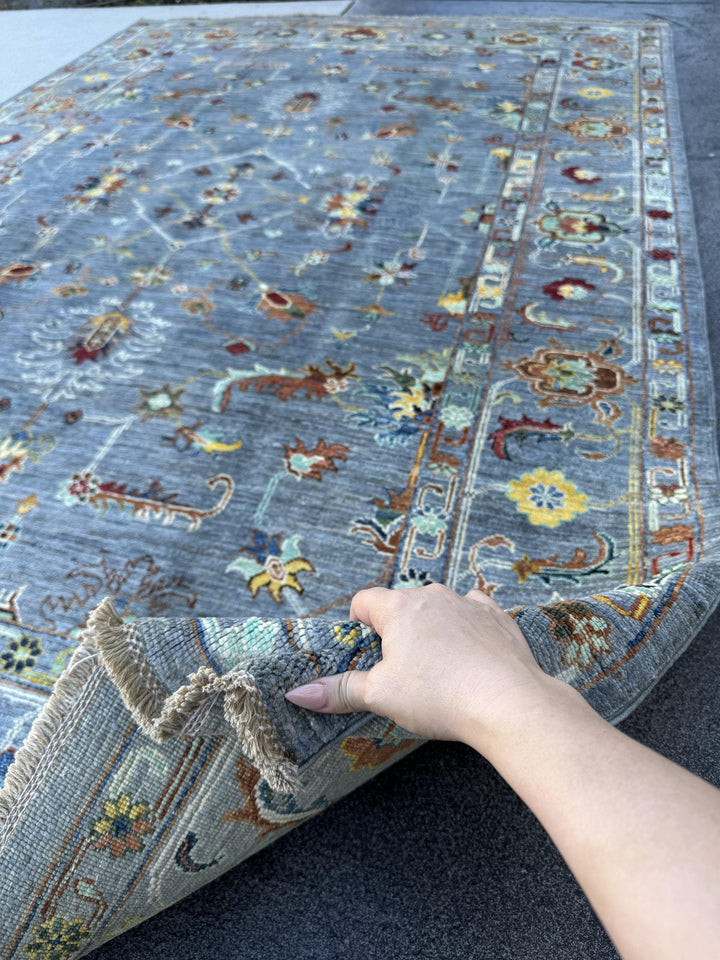 6x9 Handmade Afghan Wool Rug | Slate Blue Grey Floral Oushak Style Area Rug | Rust and Gold Accents | Hand-Knotted Carpet