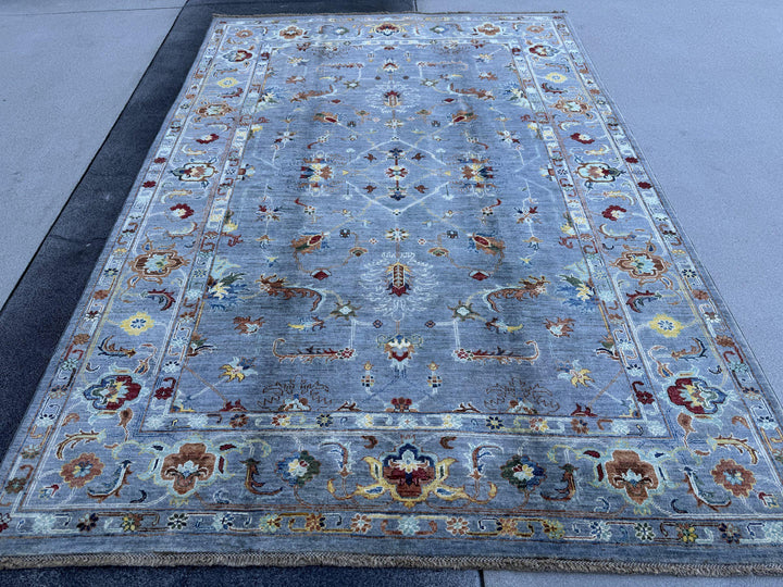 6x9 Handmade Afghan Wool Rug | Slate Blue Grey Floral Oushak Style Area Rug | Rust and Gold Accents | Hand-Knotted Carpet