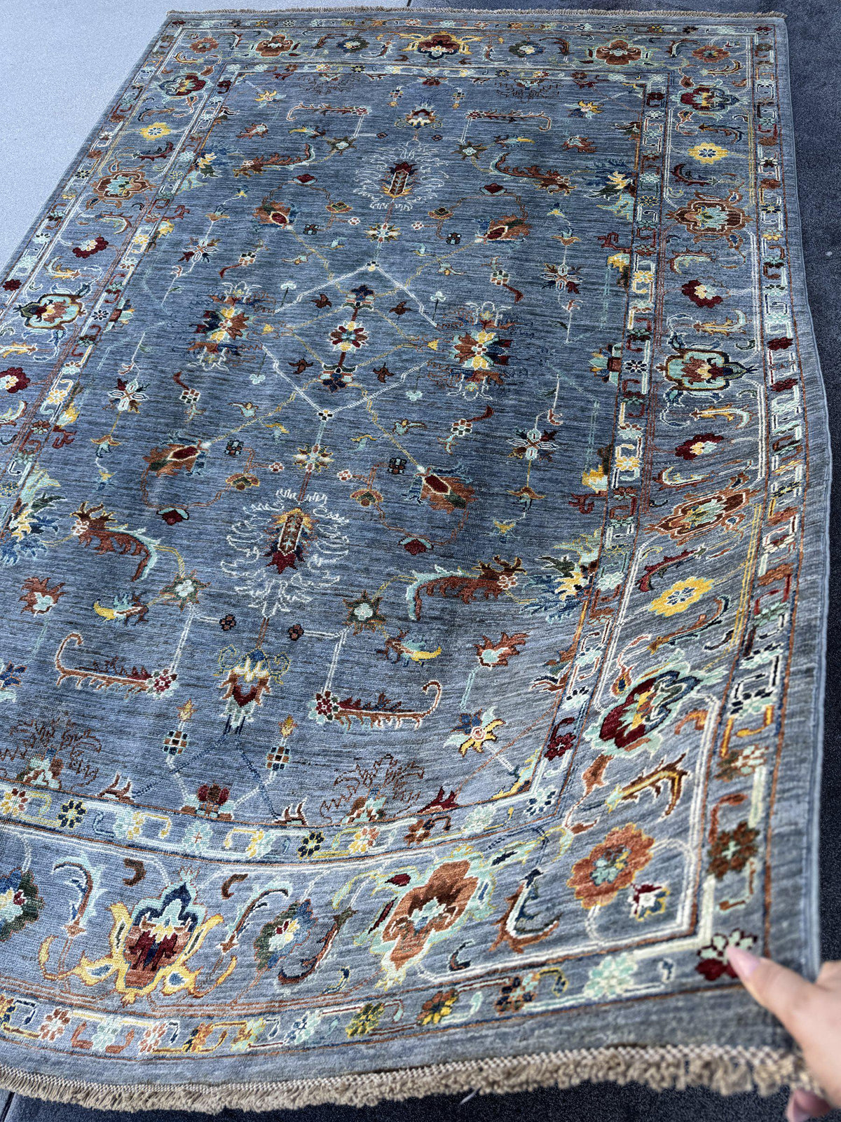 6x9 Handmade Afghan Wool Rug | Slate Blue Grey Floral Oushak Style Area Rug | Rust and Gold Accents | Hand-Knotted Carpet