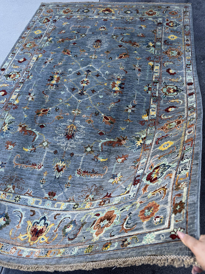 6x9 Handmade Afghan Wool Rug | Slate Blue Grey Floral Oushak Style Area Rug | Rust and Gold Accents | Hand-Knotted Carpet