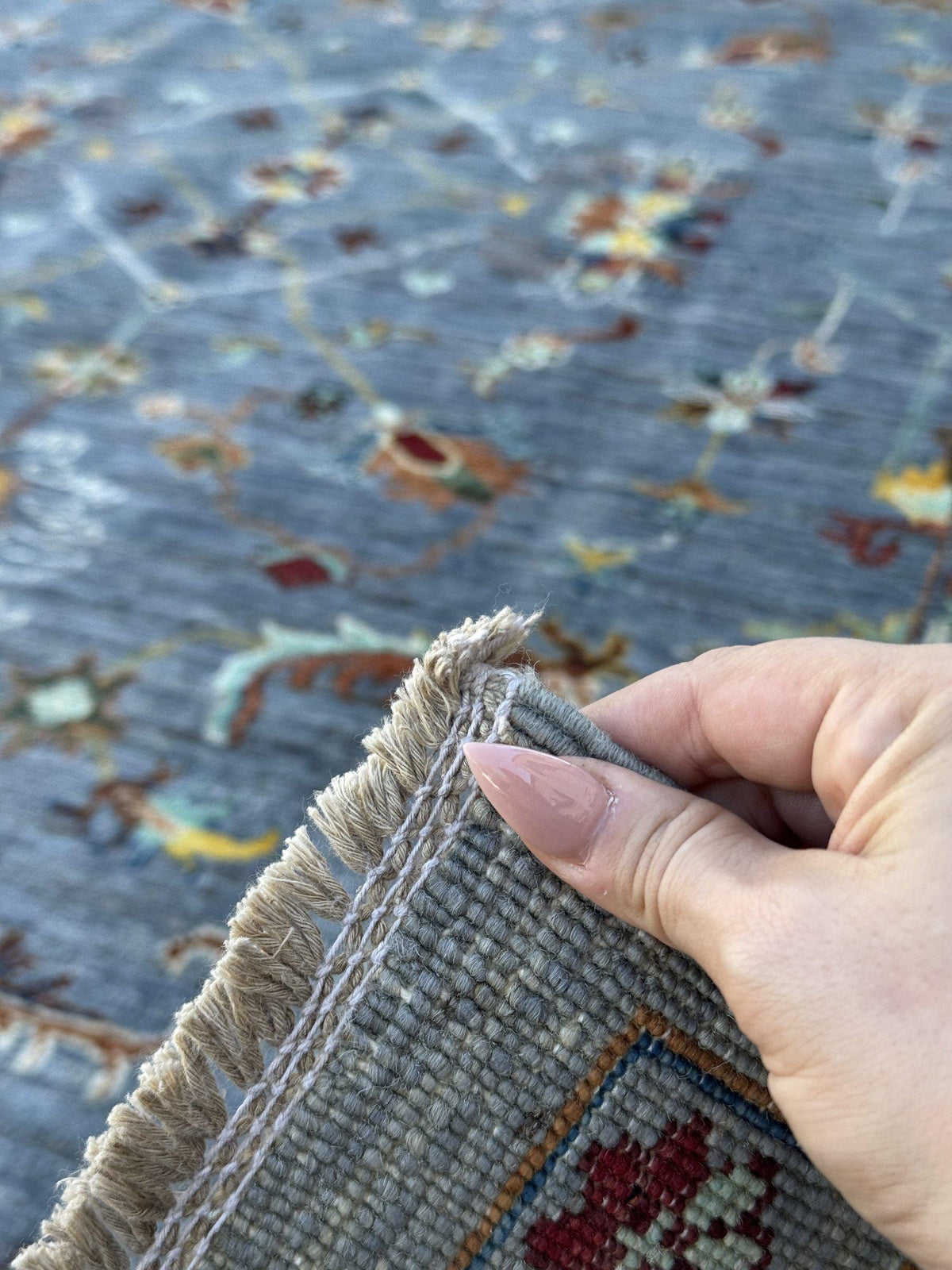 6x9 Handmade Afghan Wool Rug | Slate Blue Grey Floral Oushak Style Area Rug | Rust and Gold Accents | Hand-Knotted Carpet