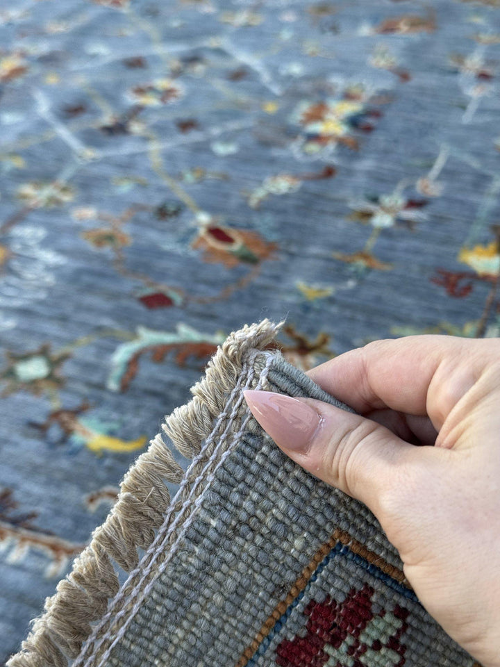 6x9 Handmade Afghan Wool Rug | Slate Blue Grey Floral Oushak Style Area Rug | Rust and Gold Accents | Hand-Knotted Carpet