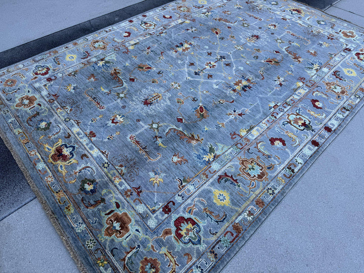 6x9 Handmade Afghan Wool Rug | Slate Blue Grey Floral Oushak Style Area Rug | Rust and Gold Accents | Hand-Knotted Carpet